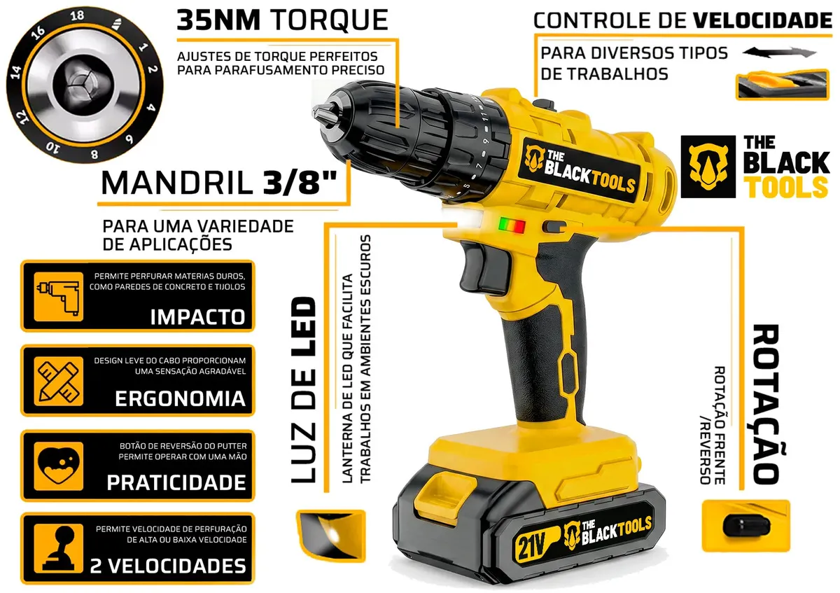 Características da furadeira: torque 35 Nm, mandril 3/8, impacto e luz LED